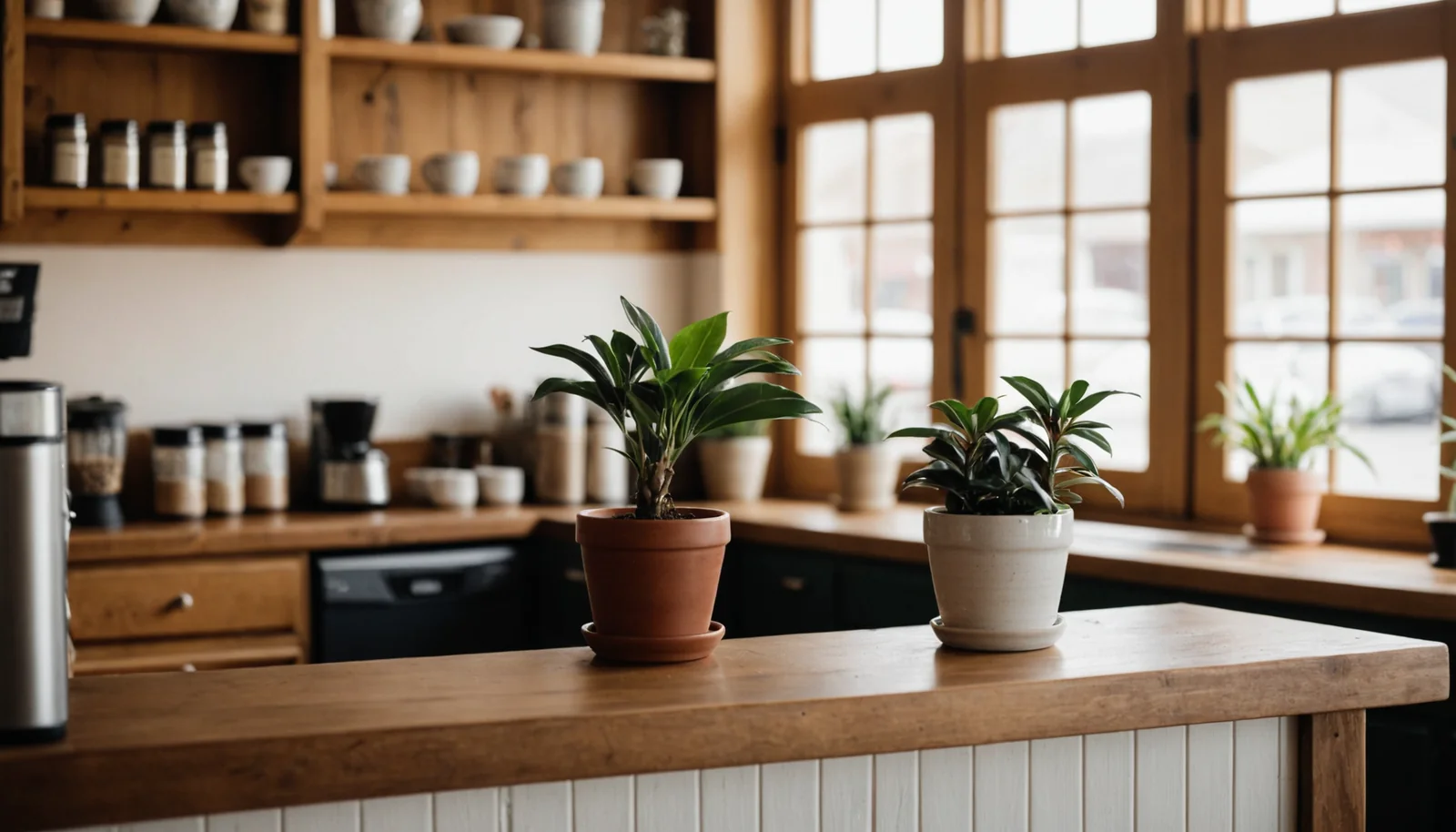 Illustrative photo: wooden front counter of a small local business with a small potted plant and a ceramic cup