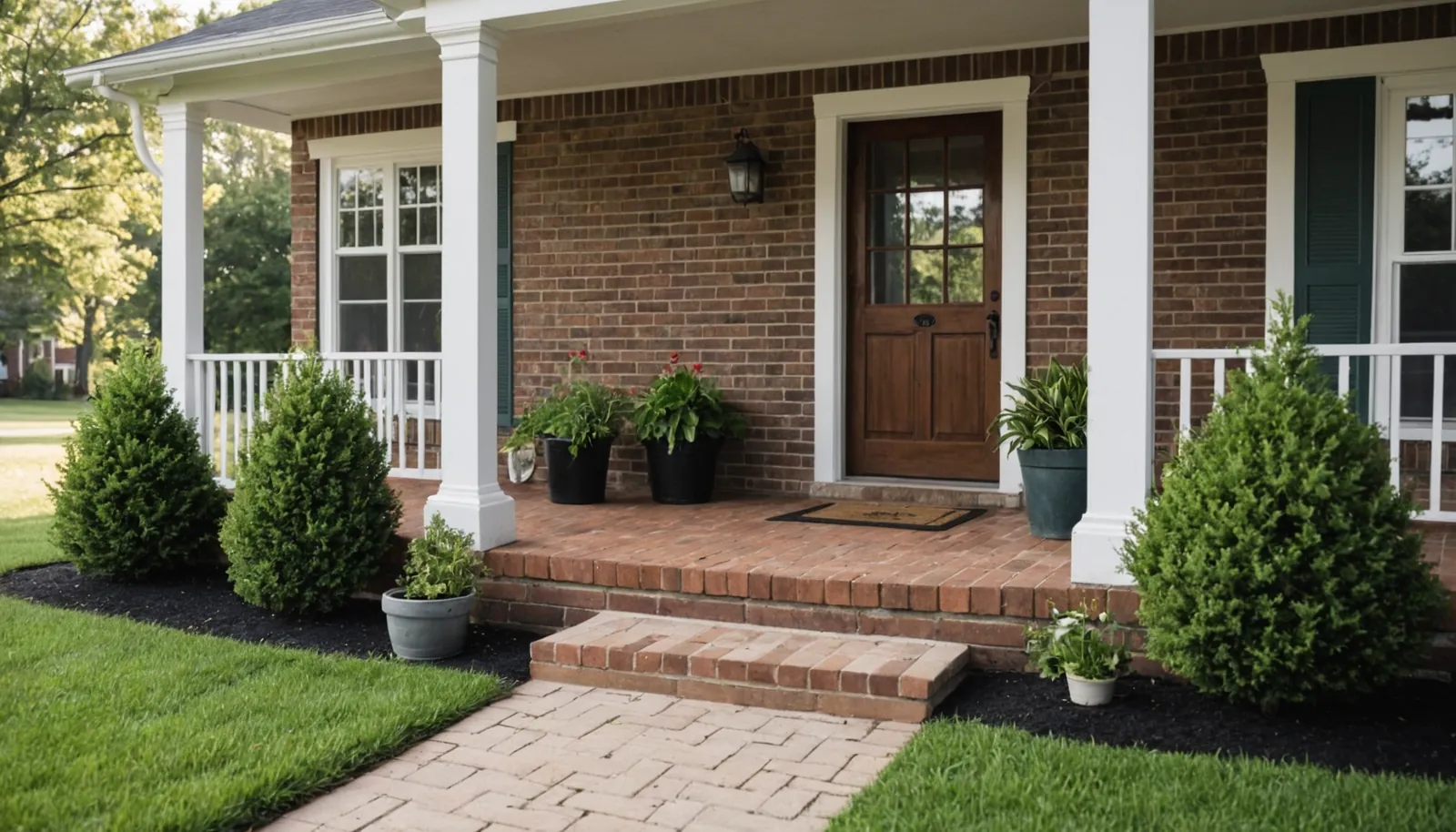 Illustrative photo: front porch of a single-story brick ranch house with a wooden front door