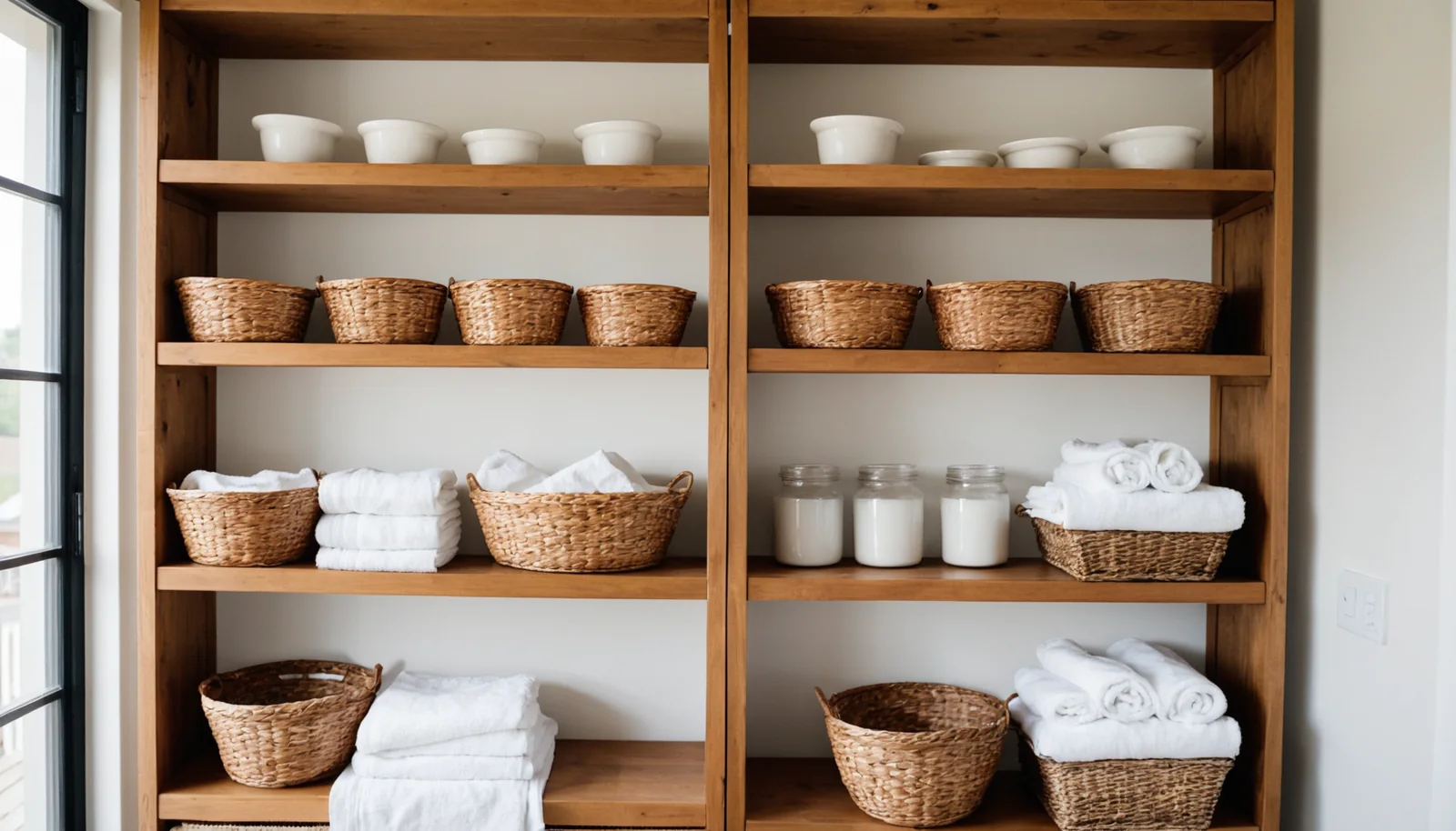 Illustrative photo: neat wooden shelves with plain woven baskets